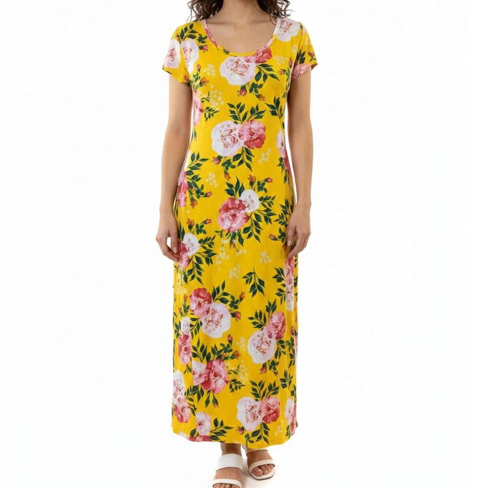 Womens Yellow Floral Dress Cottagecore Garden Summer Maxi Short Sleeve T Shirt L
